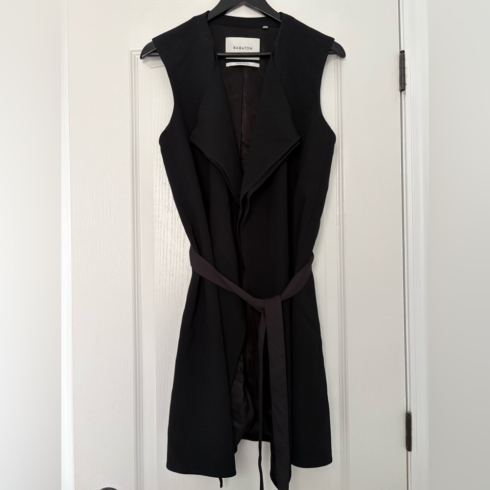 BABATON - Black Sleeveless Drape Front Belted Vest Trench Style